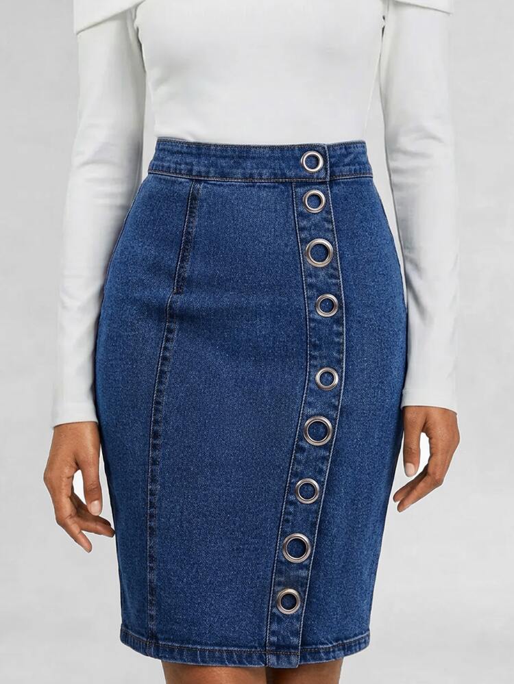Balvessa Grommet Eyelet Detail Denim Skirt - Blue - View 3