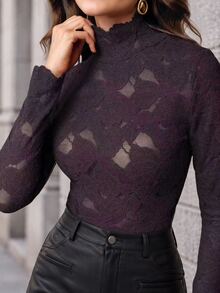 Anewsta Elegant Fashionable Sexy Versatile Fitted Sheer Textured Lace Long Sleeve Undershirt, Suitable For Fall, Winter, Spring, New Year, Party, Wedding - Purple - View 2