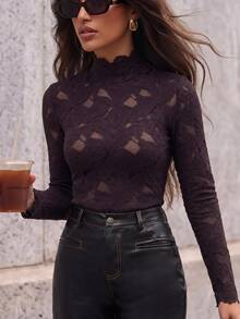 Anewsta Elegant Fashionable Sexy Versatile Fitted Sheer Textured Lace Long Sleeve Undershirt, Suitable For Fall, Winter, Spring, New Year, Party, Wedding - Purple - View 4