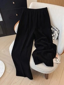 GlowEve CURVE Plus Solid Fold Pleated Wide Leg Pants - Black - View 2