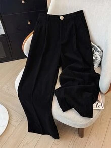 GlowEve CURVE Plus Solid Fold Pleated Wide Leg Pants - Black - View 4