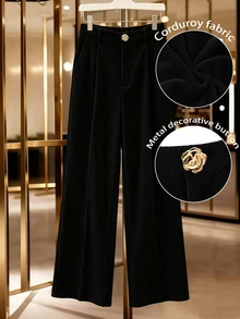 GlowEve CURVE Plus Solid Fold Pleated Wide Leg Pants - Black - View 3
