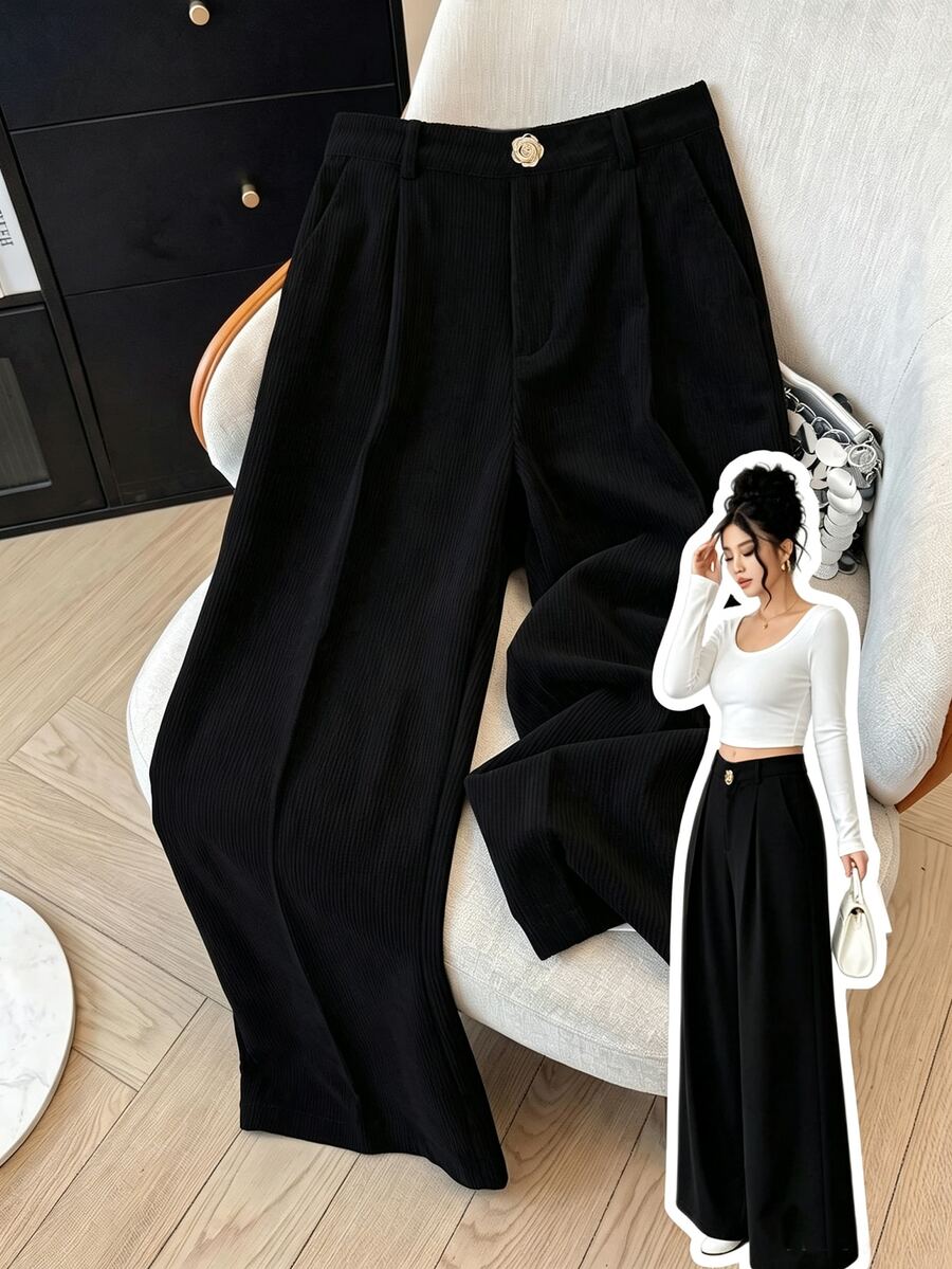 GlowEve CURVE Plus Solid Fold Pleated Wide Leg Pants - Black - View 1
