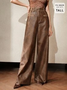 Anewsta Tall Celana Kulit Cokelat Musim Gugur/Dingin, Maillard Fashion Vintage Commuter Serbaguna Celana Panjang Wanita Model Tajam dengan Efek Usang - Chocolate Brown - View 4