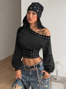 Coolane 女款秋冬性感街頭風 Y2K 時尚龐克哥德復古派對外穿黑色露肩鉚釘孔眼飾鉚釘衛衣上衣 - 黑色 - 查看 4