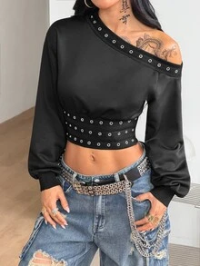 Coolane 女款秋冬性感街頭風 Y2K 時尚龐克哥德復古派對外穿黑色露肩鉚釘孔眼飾鉚釘衛衣上衣 - 黑色 - 查看 5