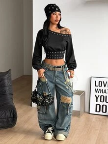 Coolane 女款秋冬性感街頭風 Y2K 時尚龐克哥德復古派對外穿黑色露肩鉚釘孔眼飾鉚釘衛衣上衣 - 黑色 - 查看 2