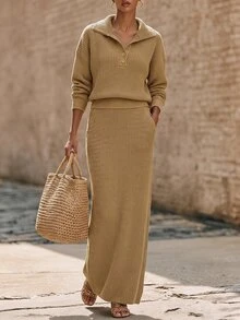 LUMIGAL Women's 2pcs Slouchy Sweater Set, Collared Half-Button Front 2-Button Dropped Shoulder Long Sleeve Cinched Waist Top & High Waist Side Pocket Bodycon Long Skirt - Camel - View 1
