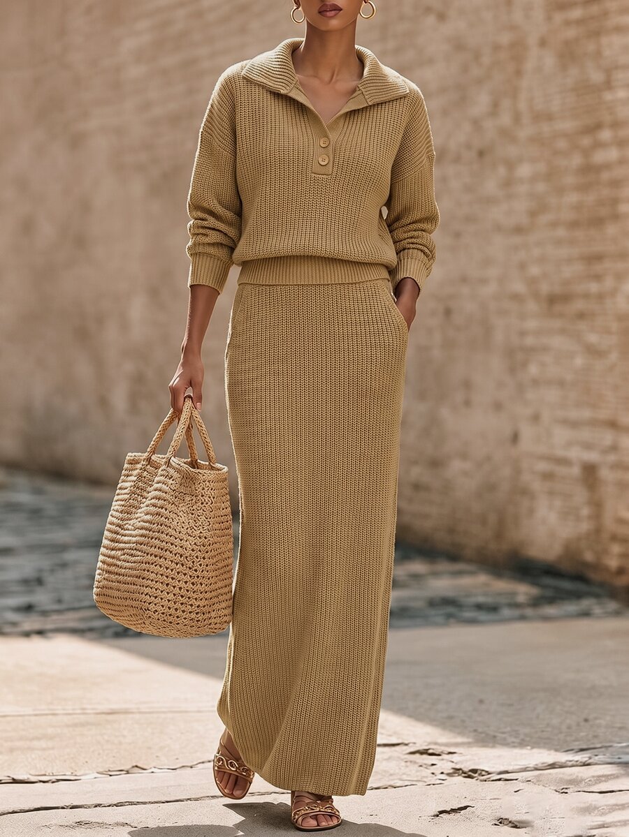 LUMIGAL Women's 2pcs Slouchy Sweater Set, Collared Half-Button Front 2-Button Dropped Shoulder Long Sleeve Cinched Waist Top & High Waist Side Pocket Bodycon Long Skirt - Camel - View 1