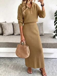 LUMIGAL Women's 2pcs Slouchy Sweater Set, Collared Half-Button Front 2-Button Dropped Shoulder Long Sleeve Cinched Waist Top & High Waist Side Pocket Bodycon Long Skirt - Camel - View 6