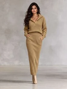LUMIGAL Women's 2pcs Slouchy Sweater Set, Collared Half-Button Front 2-Button Dropped Shoulder Long Sleeve Cinched Waist Top & High Waist Side Pocket Bodycon Long Skirt - Camel - View 7