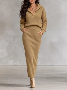 LUMIGAL Women's 2pcs Slouchy Sweater Set, Collared Half-Button Front 2-Button Dropped Shoulder Long Sleeve Cinched Waist Top & High Waist Side Pocket Bodycon Long Skirt - Camel - View 3