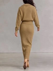 LUMIGAL Women's 2pcs Slouchy Sweater Set, Collared Half-Button Front 2-Button Dropped Shoulder Long Sleeve Cinched Waist Top & High Waist Side Pocket Bodycon Long Skirt - Camel - View 2