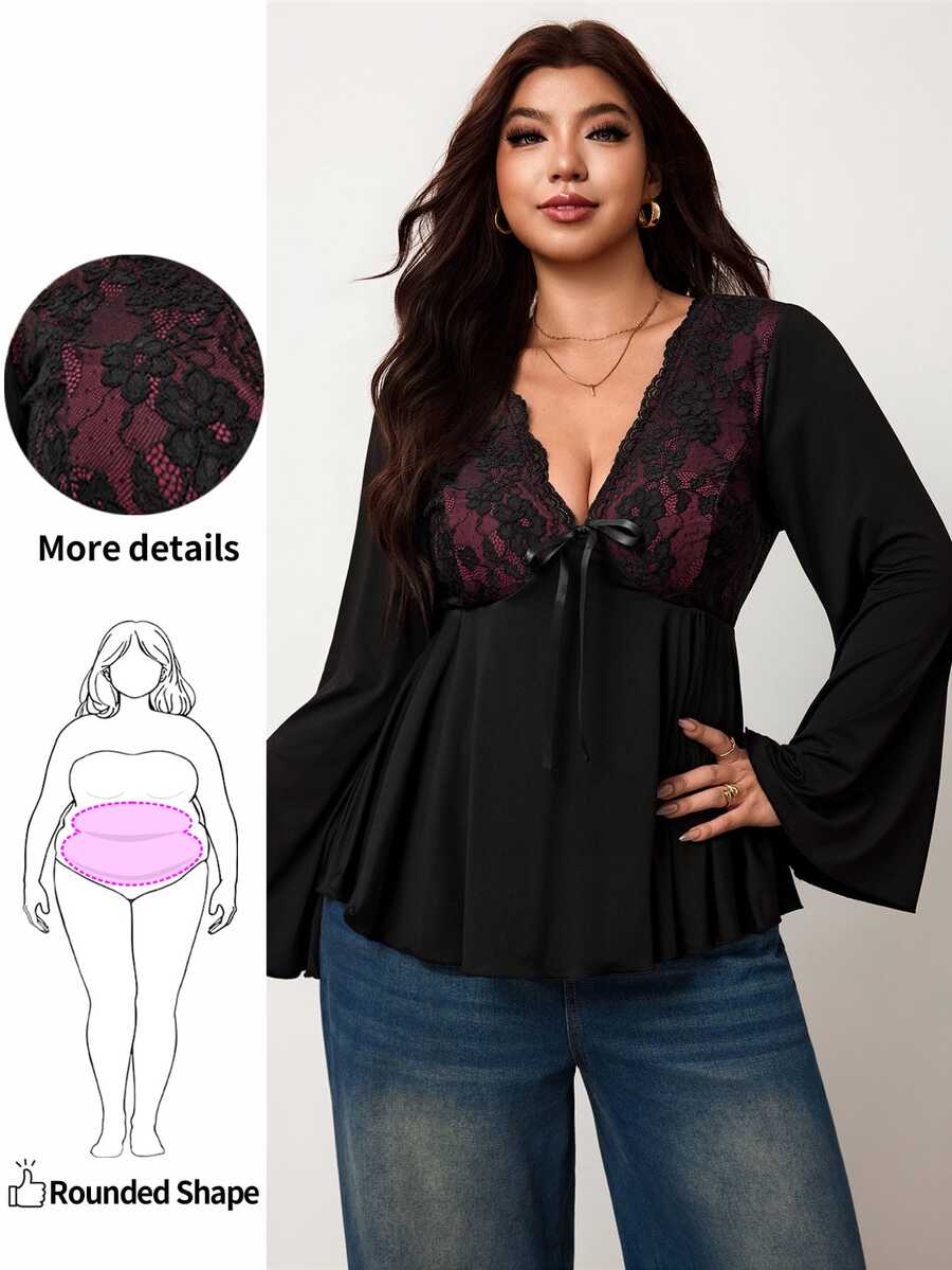 Enliva Plus-Size Women's Floral Lace Patchwork Black Babydoll TopApple,Rounded Body Fall - Multicolor - View 1