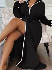 Napfluff CURVE Napfluff CURVE Soft Knit Floral Gauze Casual Hooded Loungewear Plus Size Robe, Fall & Winter, Cozy Outfit - Black - View 7