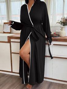 Napfluff CURVE Napfluff CURVE Soft Knit Floral Gauze Casual Hooded Loungewear Plus Size Robe, Fall & Winter, Cozy Outfit - Black - View 5