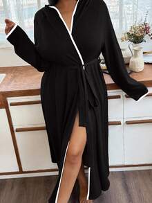 Napfluff CURVE Napfluff CURVE Soft Knit Floral Gauze Casual Hooded Loungewear Plus Size Robe, Fall & Winter, Cozy Outfit - Black - View 4