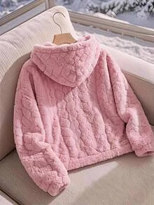 SHEIN Tween Girl Comfortable Soft Kids Wheat Pattern Casual Fashion Plush Jacket Fall/Winter - Pink - View 4