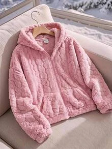 SHEIN Tween Girl Comfortable Soft Kids Wheat Pattern Casual Fashion Plush Jacket Fall/Winter - Pink - View 3