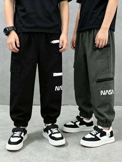 SHEIN 2pcs/Set Young Boy Casual Comfortable Letter Printed Jogger Pants, Getaway, Holiday, Travel, Relax, Sunbathing, Summer Autumn Fall