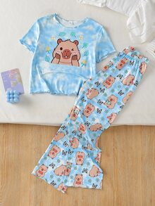 SHEIN Tween Girls Pajamas New Hot-Selling Blue Rabbit Print Knit Frill Trim Short Sleeve T-Shirt And All-Over Print Long Pants 2-Piece Set Loungewear 1Set - Blue - View 3