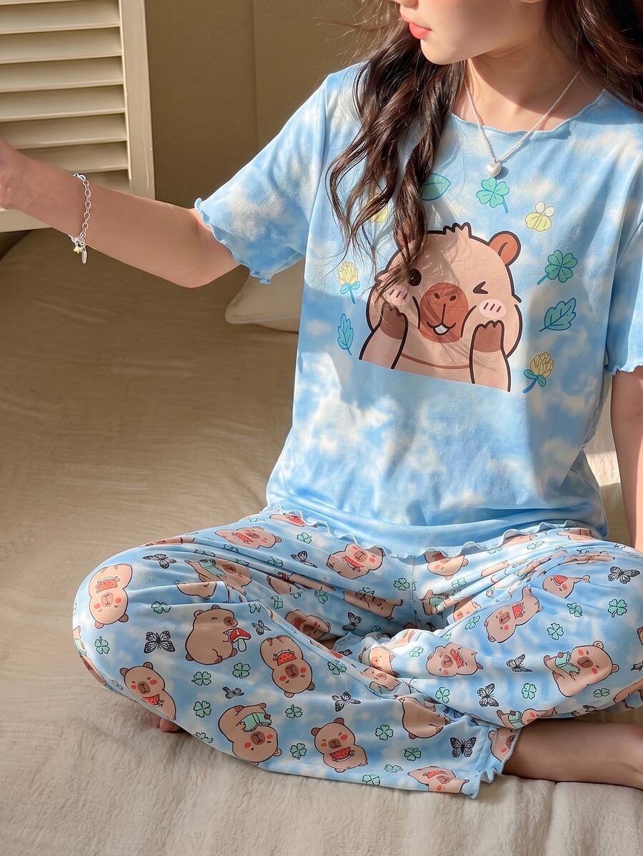 SHEIN Tween Girls Pajamas New Hot-Selling Blue Rabbit Print Knit Frill Trim Short Sleeve T-Shirt And All-Over Print Long Pants 2-Piece Set Loungewear 1Set - Blue - View 1