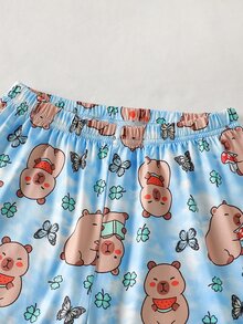 SHEIN Tween Girls Pajamas New Hot-Selling Blue Rabbit Print Knit Frill Trim Short Sleeve T-Shirt And All-Over Print Long Pants 2-Piece Set Loungewear 1Set - Blue - View 7