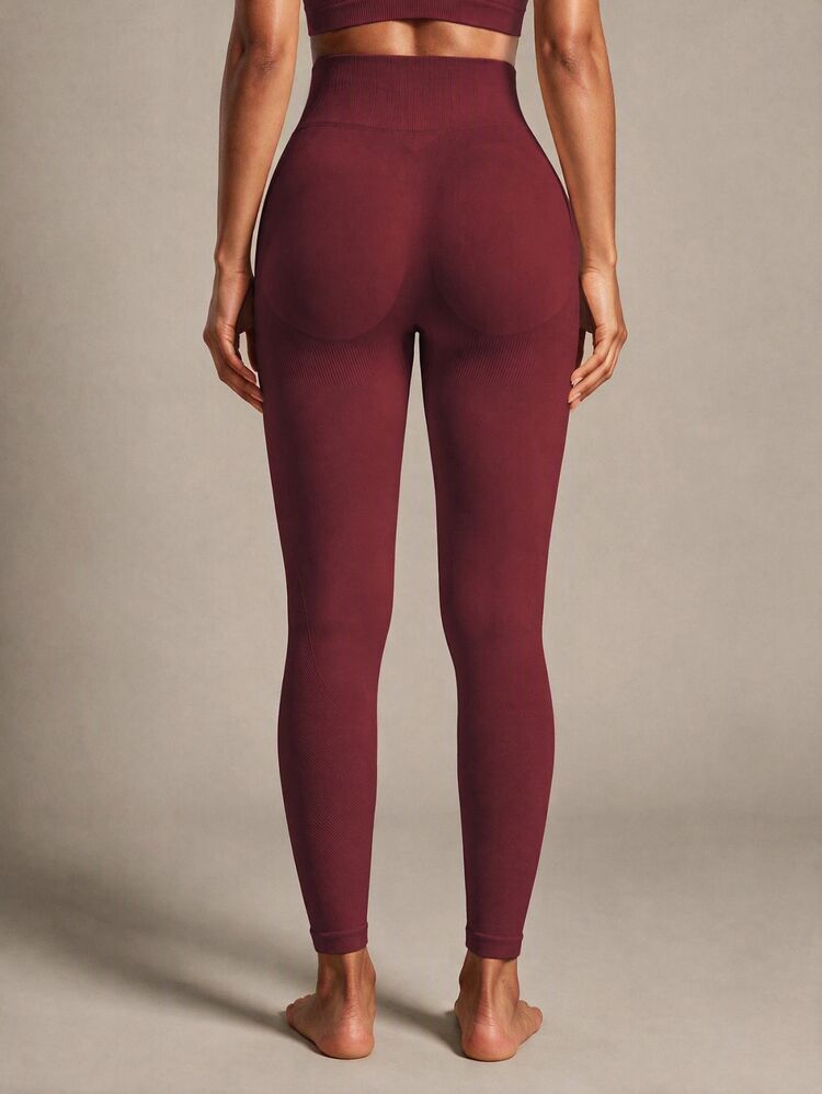 SHEIN Sports Women's Solid Color High Waist Casual Versatile Daily Wear Sports Leggings - Burgundy - View 2
