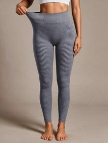 SHEIN Sports Women's Solid High Waist Seamless Yoga Leggings - Grey - View 4