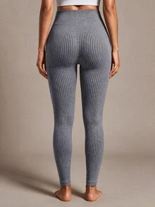 SHEIN Sports Women's Solid High Waist Seamless Yoga Leggings - Grey - View 3