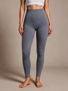 SHEIN Sports Women's Solid High Waist Seamless Yoga Leggings - Grey - View 8