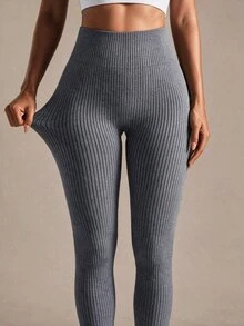 SHEIN Sports Women's Solid High Waist Seamless Yoga Leggings - Grey - View 5