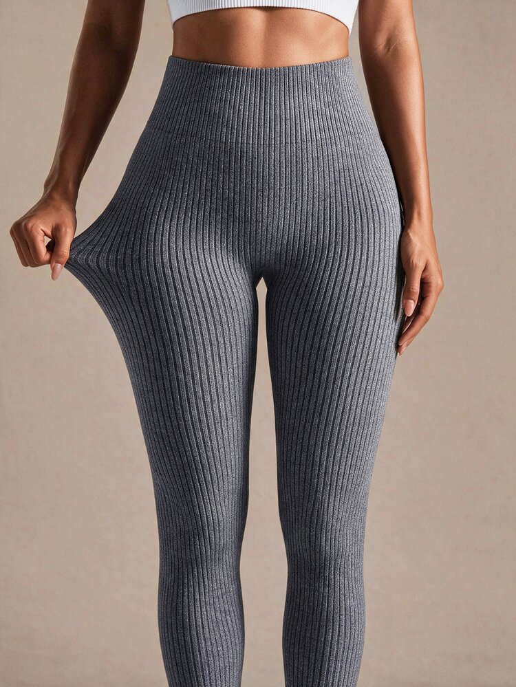 SHEIN Sports Women's Solid High Waist Seamless Yoga Leggings - Grey - View 4