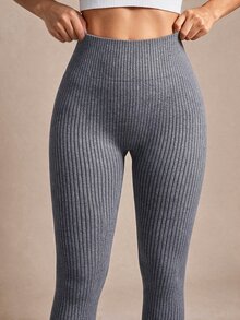 SHEIN Sports Women's Solid High Waist Seamless Yoga Leggings - Grey - View 6