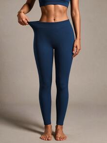 SHEIN Sports 女式高腰无缝修身紧身裤 - 弹性柔软触感速干透气四向弹力紧身裤，适合跑步、骑行、瑜伽、泡菜球运动、休闲，海军蓝 - 藏蓝色 - 查看 1