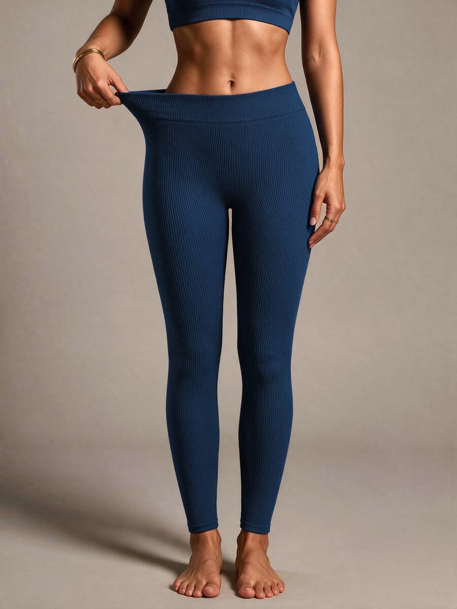 SHEIN Sports 女式高腰无缝修身紧身裤 - 弹性柔软触感速干透气四向弹力紧身裤，适合跑步、骑行、瑜伽、泡菜球运动、休闲，海军蓝 - 藏蓝色 - 查看 1
