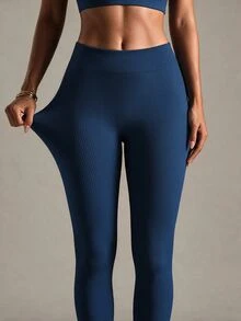SHEIN Sports 女式高腰无缝修身紧身裤 - 弹性柔软触感速干透气四向弹力紧身裤，适合跑步、骑行、瑜伽、泡菜球运动、休闲，海军蓝 - 藏蓝色 - 查看 3