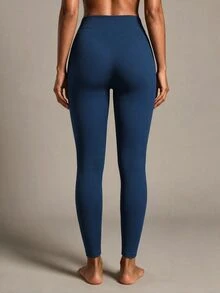 SHEIN Sports 女式高腰无缝修身紧身裤 - 弹性柔软触感速干透气四向弹力紧身裤，适合跑步、骑行、瑜伽、泡菜球运动、休闲，海军蓝 - 藏蓝色 - 查看 2