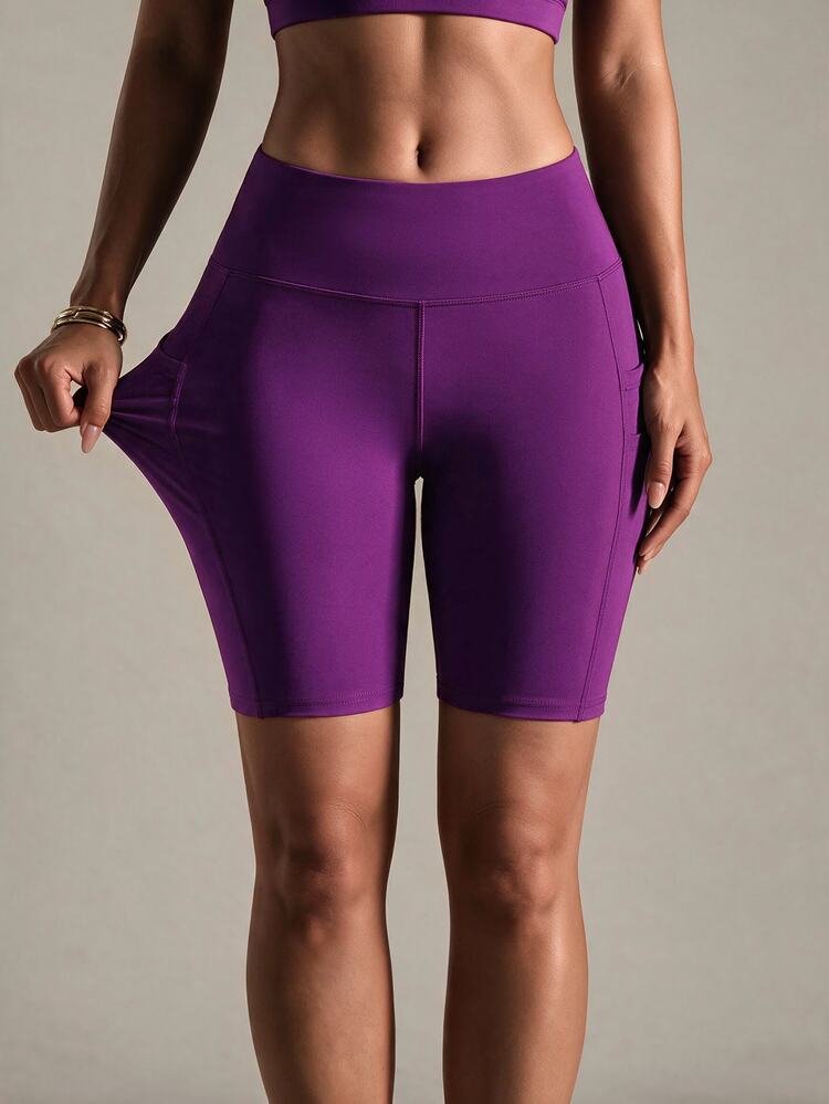 SHEIN Sports Women's Summer Minimalist Solid Color High Waist Patchwork Pocket Sports Cycling Shorts - Bold Plum - View 3