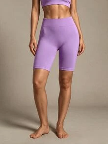 SHEIN Sports Rib-knit Tummy Control Sports Biker Shorts - Lilac Purple - View 5