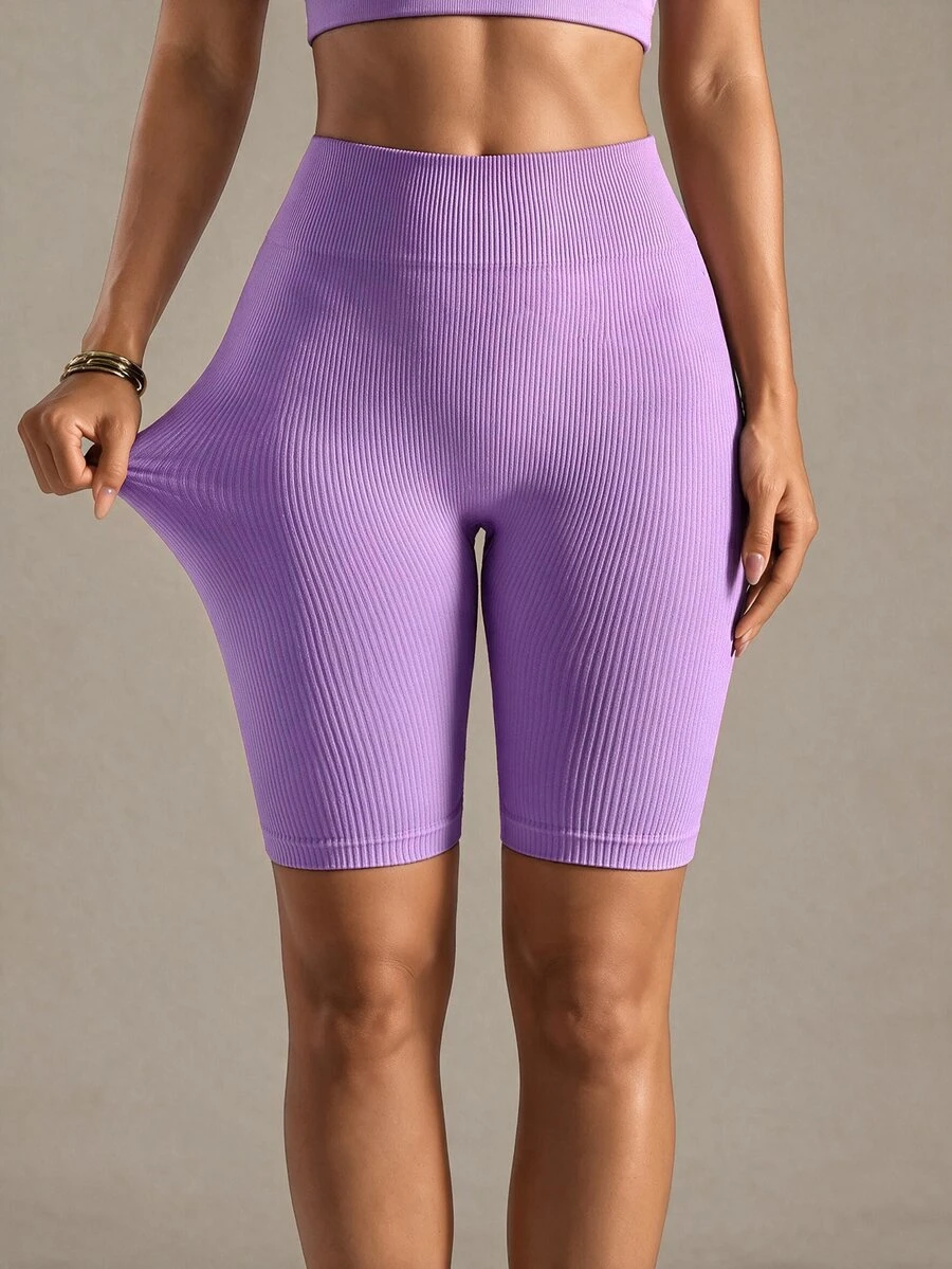 SHEIN Sports Rib-knit Tummy Control Sports Biker Shorts - Lilac Purple - View 1