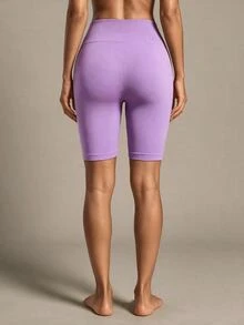 SHEIN Sports Rib-knit Tummy Control Sports Biker Shorts - Lilac Purple - View 2
