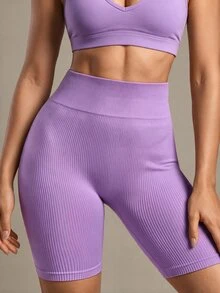 SHEIN Sports Rib-knit Tummy Control Sports Biker Shorts - Lilac Purple - View 4