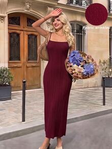 SHEIN MOD 女款素色修身優雅細肩帶洋裝 - 酒紅色 - 查看 3