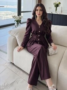 Feyla Gigot Sleeve Peplum Blouse Wide Leg Pants Set Office Dark Purple Autumn Elegant - Burgundy - View 4