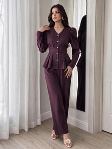 Feyla Gigot Sleeve Peplum Blouse Wide Leg Pants Set Office Dark Purple Autumn Elegant - Burgundy - View 1