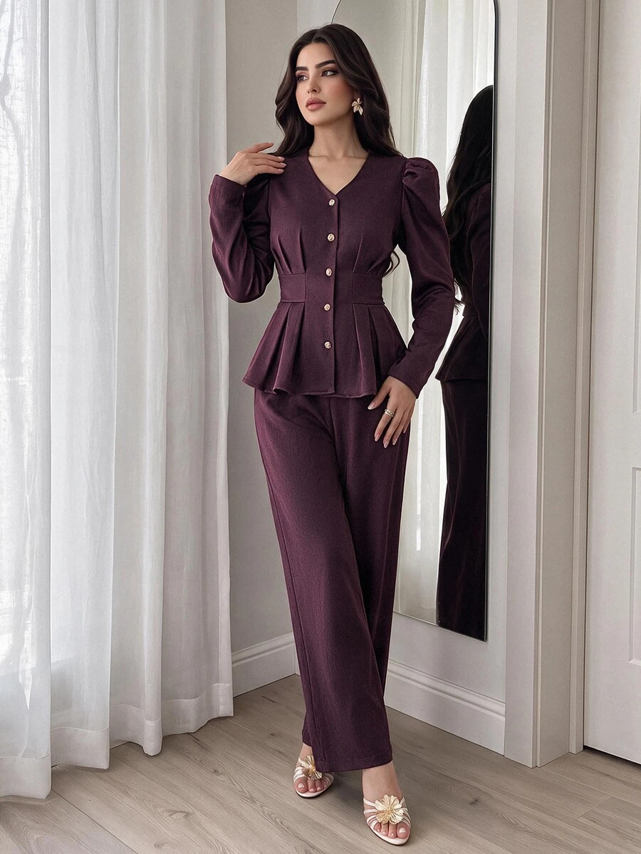 Feyla Gigot Sleeve Peplum Blouse Wide Leg Pants Set Office Dark Purple Autumn Elegant - Burgundy - View 1