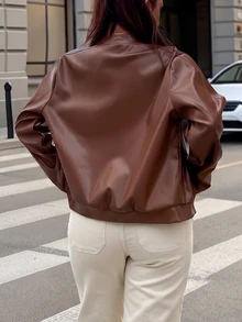 SHEIN LUNE CURVE Plus Size Women's Autumn/Winter Fashion Casual Elegant Comfortable Daily Going Out Teacher All-Match Versatile Brown PU Leather Jacket - Brown - View 2