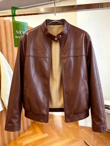 SHEIN LUNE CURVE Plus Size Women's Autumn/Winter Fashion Casual Elegant Comfortable Daily Going Out Teacher All-Match Versatile Brown PU Leather Jacket - Brown - View 1