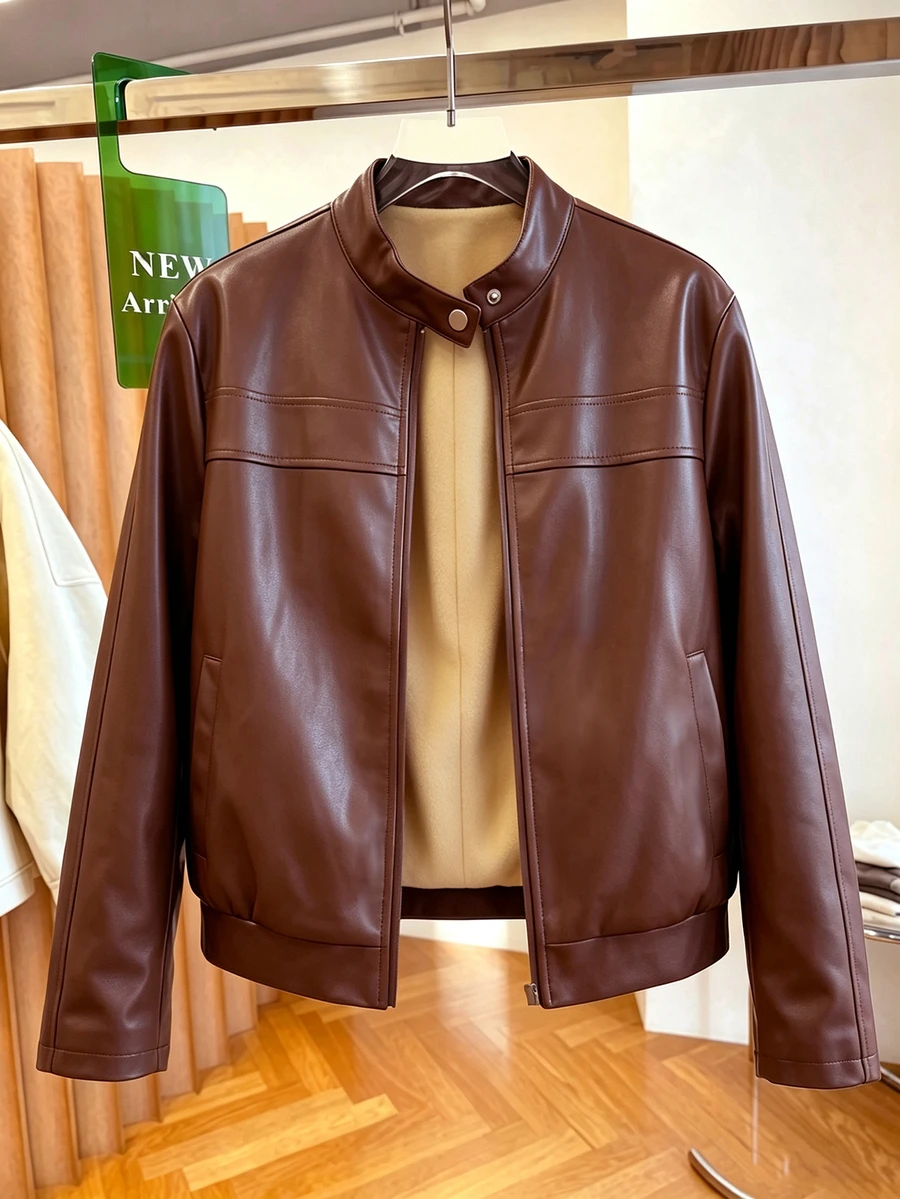 SHEIN LUNE CURVE Plus Size Women's Autumn/Winter Fashion Casual Elegant Comfortable Daily Going Out Teacher All-Match Versatile Brown PU Leather Jacket - Brown - View 1
